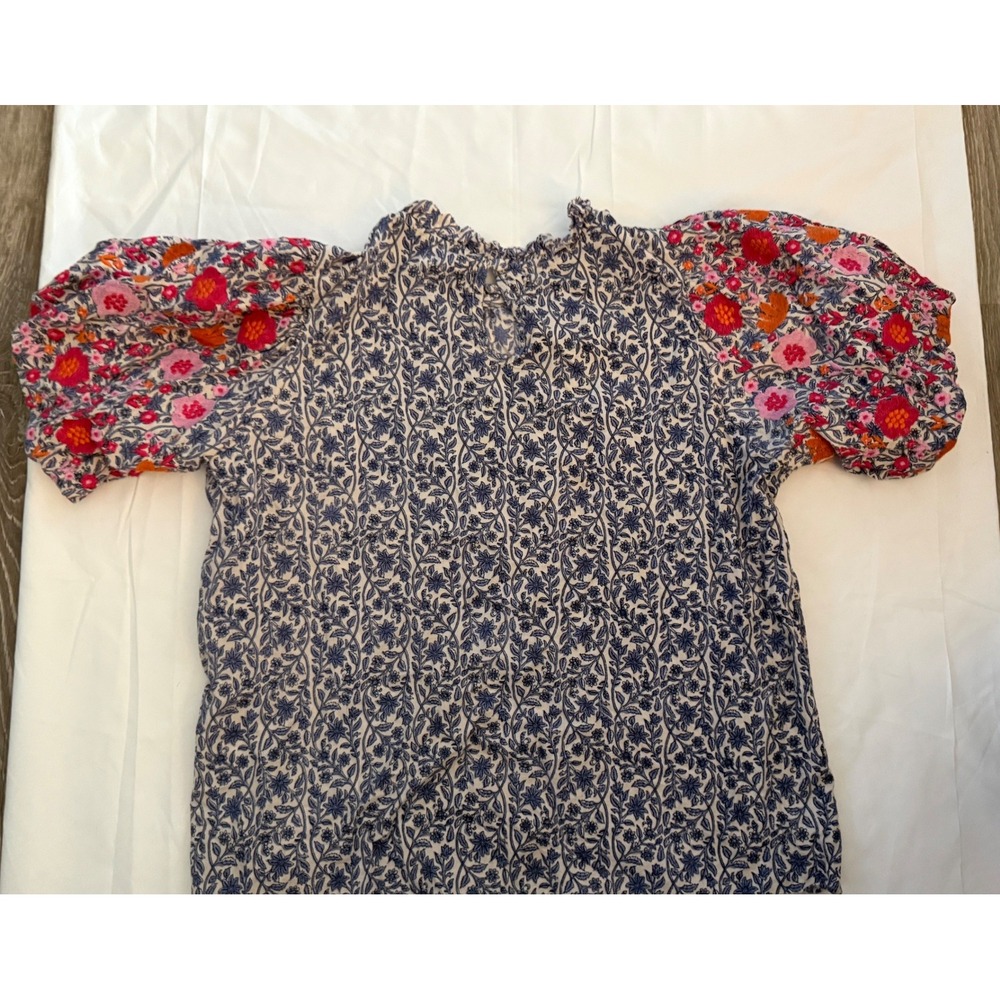 THML Floral Puff Sleeve Ruffle Neck Blouse Blue Pink Orange Size Medium - Picture 3 of 5